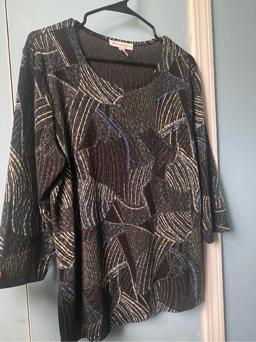 JM Collection Black Top with Blue and Gold Metallic Stripes